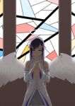  1girl absurdres angel_wings bangs blue_eyes breasts character_request church closed_mouth copper counter:side dress halo hand_on_hand highres long_hair looking_down purple_hair simple_background solo standing white_dress white_wings wings 