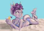  anthro beach beverage bikini ceratopsian clothing dinosaur facial_horn female goodbye_volcano_high hair horn lying markings on_back ornithischian purple_body purple_eyes purple_hair reptile scalie seaside snoot_game_(fan_game) solo swimwear triceratops trish_(gvh) unknown_artist video_games 