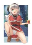  1girl border gift green_hair highres holding holding_gift holding_sack konpaku_youmu kubure one_eye_closed panties red_shirt red_skirt sack santa_costume shirt short_sleeves skirt smile snowing solo thighs touhou tree underwear white_border white_hair white_panties 