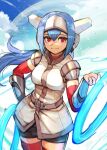  armor bangs black_shorts blue_hair blue_sky boots breasts closed_mouth cloud crosscode day energy_rings hair_between_eyes hand_on_hip headgear hide_(hideout) holding holding_weapon lea_(crosscode) light_smile long_hair looking_at_viewer medium_breasts pauldrons red_eyes shirt shorts shoulder_armor sky standing surcoat thigh_boots undershirt vambraces weapon 