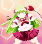  1girl absurdres artist_name babyls_school_uniform blush bow demon_girl demon_horns gradient gradient_background green_eyes green_hair grin hands_up highres horns jewelry legs_apart long_hair looking_at_viewer mairimashita!_iruma-kun pink_bow pink_skirt pointy_ears ring school_uniform sharp_teeth short_sleeves skirt smile solo standing tail teeth twice_(wttt3222) valac_clara very_long_hair 