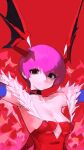  1girl absurdres bare_shoulders bat_wings black_eyes blue_gloves breasts cleavage clothing_cutout detached_sleeves elbow_gloves feather_trim gloves head_wings highres leotard liba_(leo8d) lilith_aensland looking_at_viewer medium_breasts pink_hair red_background red_leotard red_wings revision shadow short_hair simple_background small_breasts solo upper_body vampire_(game) wings 