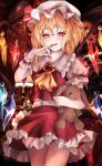  1girl ascot blonde_hair blood bow crystal drinking_blood flandre_scarlet hat hat_ribbon highres holding holding_stuffed_toy mob_cap open_mouth orchid_(orukido) puffy_sleeves red_eyes ribbon shirt short_hair short_sleeves skirt smile solo stuffed_animal stuffed_bunny stuffed_toy touhou wings 
