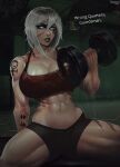  1girl abs adepta_sororitas black_shorts blue_eyes breasts cleavage dumbbell english_text exercise facial_tattoo highres large_breasts muscular muscular_female nyuunzi scar short_hair shorts shoulder_tattoo signature sitting solo sports_bra spread_legs tattoo thick_thighs thighs warhammer_40k white_hair 