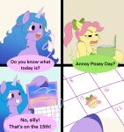  accessory aztrial book bow_ribbon calendar comic dialogue earth_pony english_text equid equine female hair hair_accessory hair_bow hair_ribbon hasbro hi_res horn horse izzy_moonbow_(mlp) mammal mlp_g5 my_little_pony pony ponytail posey_(g5) ribbons text unicorn 