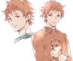  1boy animal artist_name bangs brown_eyes brown_hair brown_shirt closed_mouth collared_shirt commentary_request dog etra-chan_wa_mita! highres holding holding_animal holding_dog isa_(chiyo-s) katsura_(etra-chan_wa_mita!) long_sleeves looking_at_viewer male_focus multiple_views portrait shirt short_hair simple_background smile upper_body watermark white_background 