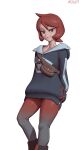  1girl absurdres arezu_(pokemon) arms_behind_back collarbone highres hood hoodie jacket looking_at_viewer medium_hair pokemon pokemon_(game) pokemon_legends:_arceus red_eyes red_hair shoes simple_background smile solo standing teeth white_background wjs07 