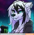  anthro breasts canid canine canis ear_piercing female hair low_res mammal monster_energy piercing smile solo tattoo vindictiive wolf 
