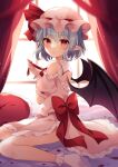  1girl bare_shoulders bat_wings blue_hair closed_mouth commentary_request curtains dress hat highres legs looking_at_viewer miy@ mob_cap pink_dress pink_headwear pointy_ears remilia_scarlet short_hair sitting socks solo touhou white_socks window wings 