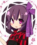  1girl :d bangs blush brown_hair commentary_request floral_background hair_between_eyes hair_ribbon hand_up japanese_clothes kimono looking_at_viewer original print_kimono purple_eyes purple_ribbon rensei ribbon smile solo upper_body white_background yagasuri 