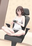  1girl absurdres bangs bare_shoulders black_panties breasts brown_hair chair character_request closed_mouth collarbone controller copper copyright_request full_body glasses highres holding holding_controller looking_away medium_breasts medium_hair panties red_eyes shirt simple_background sitting solo thighs underwear white_shirt 