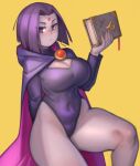  1girl blush book breasts cape cleavage cleavage_cutout closed_mouth clothing_cutout colored_skin commentary covered_navel dc_comics english_commentary fingernails forehead_jewel grey_skin highres holding holding_book hood hooded_cape kelvin_hiu large_breasts leotard long_sleeves looking_at_viewer medium_hair pink_eyes purple_cape purple_hair raven_(dc) simple_background solo teen_titans thick_thighs thighs yellow_background 