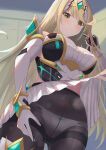  1girl absurdres ass_visible_through_thighs bangs blonde_hair breasts cleavage_cutout clothing_cutout dangle_earrings dress earrings elbow_gloves gloves highres impossible_clothes jewelry large_breasts long_hair microskirt mythra_(massive_melee)_(xenoblade) mythra_(xenoblade) panties panties_under_pantyhose pantyhose shiratamaaji short_dress skindentation skirt sleeveless sleeveless_dress steam super_smash_bros. swept_bangs thigh_strap thighs tiara underwear upskirt very_long_hair white_dress white_skirt xenoblade_chronicles_(series) xenoblade_chronicles_2 yellow_eyes 
