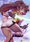  2022 anthro artist_name brown_hair butt clothed clothing digital_media_(artwork) dual_wielding female hair hi_res holding_object holding_weapon lagomorph lepi leporid lightsaber looking_at_viewer lop_(star_wars_visions) mammal melee_weapon open_mouth pakwan008 patreon patreon_logo pawpads rabbit sai_(weapon) signature solo star_wars star_wars_visions text url weapon 