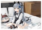  1girl aged_down animal_ears apron bangs barefoot bed black_apron blue_hair bow buttons cabinet cat_ears cat_tail character_doll checkered_bow checkered_clothes collared_dress dinergate_(girls&#039;_frontline) dress fake_animal_ears fake_tail frills g11_(girls&#039;_frontline) girls&#039;_frontline green_eyes hair_ornament hair_ribbon hairband highres hk416_(black_kitty&#039;s_gift)_(girls&#039;_frontline) hk416_(girls&#039;_frontline) indoors light_blush long_hair long_sleeves looking_at_viewer official_alternate_costume on_bed open_mouth panties pantyshot pillow ribbon sidelocks sitting smile solo stuffed_toy tail twintails underwear wariza white_dress white_panties yuki_hotaru 