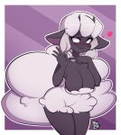  anthro big_breasts black_body blush breasts cleavage clothed clothing dress female fur generation_8_pokemon hair hi_res horn looking_away mouth_closed nintendo pokemon pokemon_(species) rolrae smile solo standing video_games white_body white_fur white_hair wooloo yellow_eyes 