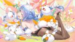  1girl animal_ear_fluff animal_ears ass back bare_shoulders black_leotard blue_hair braid carrot carrot_hair_ornament extra_ears food-themed_hair_ornament hair_ornament hikimayu hikosan hololive leotard long_hair looking_at_viewer looking_back multicolored_hair nousagi_(usada_pekora) one_eye_closed open_mouth orange_eyes pantyhose rabbit_ears rabbit_girl rabbit_tail rocket_launcher short_eyebrows signature smile solo tail thick_eyebrows twin_braids twintails two-tone_hair usada_pekora virtual_youtuber weapon white_hair 