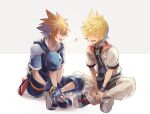  2boys black_shorts blonde_hair blue_eyes brown_hair chain_necklace closed_eyes full_body grey_background hair_between_eyes hood hood_down hooded_jacket hugging_own_legs indian_style jacket jewelry kingdom_hearts kingdom_hearts_ii laughing looking_at_another male_focus multicolored_clothes multicolored_jacket multiple_boys necklace open_mouth pants roxas sasanomesi shoes short_hair short_sleeves shorts sitting sneakers sora_(kingdom_hearts) spiked_hair twitter_username two-tone_background white_background white_pants 