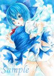  1girl arim0k0 ass_visible_through_thighs blue_background blue_bow blue_dress blue_eyes blue_hair blue_panties bow breasts cirno cowboy_shot dress food hair_between_eyes hair_bow hand_on_hip highres holding holding_food ice ice_wings looking_at_viewer medium_breasts open_mouth panties pinafore_dress popsicle popsicle_stick sample_watermark shirt short_hair short_sleeves solo striped striped_panties touhou traditional_media underwear white_panties white_shirt wings 