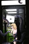  1girl absurdres bangs blonde_hair blue_eyes blush breasts gurumie highres hololive hololive_english necktie ninomae_ina&#039;nis saliva saliva_trail screen_light slimy tentacle_grab tentacles vending_machine virtual_youtuber watson_amelia 