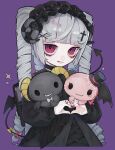  1girl :q bangs berry_(sanrio) black_dress black_hairband blunt_bangs cherry_(sanrio) creature curled_horns demon_girl demon_tail dress drill_hair english_commentary frilled_dress frilled_hairband frills gothic_lolita grey_hair hairband heart heart_hands highres horns licking_lips lloromannic lolita_fashion lolita_hairband long_hair long_sleeves looking_at_viewer nail_polish onegai_my_melody personification quad_drills quad_tails red-framed_eyewear red_nails sanrio sheep_horns tail tira_27 tongue tongue_out very_long_hair 
