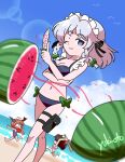  3girls absurdres artist_name baseball_bat beach bikini black_bow blindfold bow food frills fruit green_bow hakurei_reimu highres holster ibuki_suika izayoi_sakuya knife lens_flare light_smile maid_headdress multiple_girls one_eye_closed swimsuit thigh_holster touhou watermelon yuki_oto 