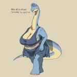  1:1 anthro belly big_belly big_breasts blue_body blue_clothing breasts clothed clothing dinosaur english_text eyes_closed female full-length_portrait long_neck open_mouth overweight overweight_anthro overweight_female portrait reptile scalie simple_background solo standing tan_background text three-quarter_view unsigned upai yellow_body 