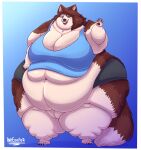  2022 anthro belly belly_overhang big_belly big_breasts big_butt black_lips blue_eyes bottomwear breasts brown_body brown_fur butt canid canine canis chubby_cheeks claws cleavage clothed clothing domestic_dog double_chin fangs fat_rolls female fluffy fluffy_tail full-length_portrait fur gesture hand_on_legs hand_on_thighs hi_res huge_breasts huge_butt huge_thighs husky inkeddfur leg_grab lips love_handles mammal mora_(inkeddfur) morbidly_obese multicolored_body multicolored_fur navel nordic_sled_dog obese overweight pawpads portrait shirt shorts simple_background smile solo spitz standing tank_top thick_arms thick_thighs thigh_grab tight_clothing topwear two_tone_body two_tone_fur waving white_body white_fur wide_hips 