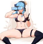  1girl beret black_panties blue_hair blue_nails cellphone choker gloves grey_headwear hat hololive hoshimachi_suisei jewelry kollerss medium_hair navel panties partially_fingerless_gloves pendant phone selfie signature smartphone solo spread_legs taking_picture tongue tongue_out underwear v virtual_youtuber 
