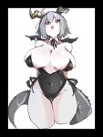  :o black_bow black_leotard blush bow breasts collarbone covered_navel detached_collar fate/grand_order fate_(series) grey_hair groin highres horns huge_breasts jeanne_d&#039;arc_alter_(fate) leotard nontraditional_playboy_bunny pale_skin ri_o_ne_su short_hair simple_background skindentation tail thigh_gap white_background wide_hips wings yellow_eyes 
