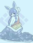  abstract_background accessory anthro asian_clothing back_markings blue_body blue_eyes blue_fur blue_hair clothed clothing diamond_(marking) east_asian_clothing eeveelution female fur generation_4_pokemon glaceon hair hair_accessory hair_bun hi_res japanese_clothing kemono kimono looking_at_viewer looking_back looking_back_at_viewer mammal markings mikeyama nintendo off_shoulder open_clothing open_kimono partially_clothed pokemon pokemon_(species) sitting solo video_games 