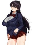  1girl absurdres ass bangs black_eyes black_hair blazer blush breasts highres jacket komi-san_wa_komyushou_desu komi_shouko large_breasts long_hair looking_at_viewer no_legwear parted_lips pleated_skirt school_uniform simple_background skirt sleepyhead solo white_background 