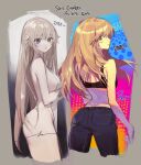  1girl black_bra black_pants blonde_hair bra closed_mouth denim from_behind from_side green_eyes highres jeans long_hair looking_at_viewer looking_to_the_side multiple_views naked_towel original pants pigeon666 purple_eyes towel underwear very_long_hair 