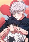  2boys aged_down anger_vein bangs black_hair black_jacket blue_eyes cheek_pinching closed_eyes fushiguro_megumi fushirun_rung gojou_satoru hands_on_another&#039;s_cheeks hands_on_another&#039;s_face heart heart_background high_collar highres jacket jujutsu_kaisen korean_commentary long_sleeves multiple_boys pinching shirt short_hair smile spiked_hair white_hair white_shirt 