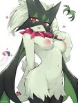 1girl body_fur breasts claws furry furry_female green_fur green_hair heart highres looking_at_viewer mask medium_breasts meowscarada mou_tama_maru navel nipples nude pokemon pokemon_(creature) short_hair simple_background tail twitter_username white_background wiglett 