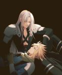  2boys aqua_eyes armor bangs black_background black_gloves black_jacket blonde_hair blue_shirt brown_gloves chest_strap chocobowings closed_eyes cloud_strife crisis_core_final_fantasy_vii final_fantasy final_fantasy_vii gloves green_scarf grey_hair highres jacket lap_pillow long_bangs long_hair long_sleeves male_focus multiple_boys parted_bangs parted_lips scarf sephiroth shirt short_hair shoulder_armor sleeves_rolled_up spiked_hair yaoi 