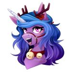  absurd_res antler_ribbon antlers bell blue_hair bust_portrait buvanybu collar digital_media_(artwork) equid equine eyelashes female feral hair hasbro hi_res horn izzy_moonbow_(mlp) long_hair mammal mlp_g5 my_little_pony open_mouth open_smile portrait purple_body purple_eyes ribbons signature simple_background smile unicorn unicorn_horn white_background 