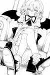  1girl ascot bare_legs bob_cut crossed_legs demon_wings dutch_angle greyscale looking_at_viewer maguro_(mawaru_sushi) monochrome on_chair pointy_ears puffy_short_sleeves puffy_sleeves remilia_scarlet short_sleeves sitting solo touhou wings 