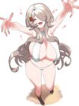  1girl armpits arms_up bikini blue_eyes breasts flower grey_hair hair_flower hair_ornament heart highres large_breasts long_hair looking_at_viewer navel oh_(aung_ae) original smile solo swimsuit very_long_hair white_bikini 