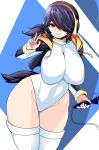  1girl black_hair black_jacket breasts brown_eyes commentary_request cowboy_shot emperor_penguin_(kemono_friends) hair_over_one_eye headphones highleg highleg_leotard highres hood hooded_jacket hoodie jacket kemono_friends kemonokiller large_breasts leotard long_hair looking_at_viewer microphone multicolored_hair penguin_tail solo spanish_commentary streaked_hair tail thigh_gap thighhighs turtleneck_leotard v white_leotard white_thighhighs 