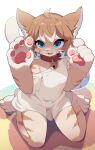  2022 4_toes 5_fingers ahoge anthro barefoot blue_eyes blush breasts claws clothed clothing cute_fangs digital_media_(artwork) domestic_cat feet felid feline felis female female_anthro finger_claws fingers fur hair hi_res kemono kneeling kotoba_(1074421015) looking_at_viewer mammal multicolored_body multicolored_fur multicolored_hair off_shoulder pawpads paws small_breasts solo t-shirt_only toe_claws toes 