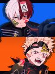  2boys anger_vein angry artist_name bakugou_katsuki bangs bangs_pinned_back black_gloves black_outline blonde_hair blue_background blue_eyes boku_no_hero_academia burn_scar cactusnabe chromatic_aberration closed_mouth color_coordination commentary diagonal_stripes drop_shadow english_text eye_mask eyes_visible_through_hair film_grain finger_to_another&#039;s_cheek fingerless_gloves flammable_symbol fragile_symbol frown gloves grey_eyes hair_between_eyes hand_up heterochromia hexagon high_collar highres holding letterboxed looking_at_another male_focus mask mask_on_head mismatched_pupils multicolored_hair multiple_boys narrowed_eyes official_alternate_costume open_mouth orange_background orange_gloves outline outside_border parted_hair pinstripe_pattern portrait reaching red_eyes red_hair sanpaku scar scar_on_face short_hair sign spiked_hair split-color_hair split_screen square sticker_on_face straight_hair striped striped_background symbol-only_commentary todoroki_shouto triangle twitter_username two-tone_gloves two-tone_hair v-shaped_eyebrows warning_sign white_hair white_outline 