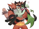  &lt;3 2022 3_fingers ambiguous_gender anthro biped black_body black_fur blush bodily_fluids claws digital_media_(artwork) duo finger_claws fingers fur generation_7_pokemon generation_9_pokemon green_body green_eyes green_fur grey_body grey_fur hi_res incineroar k0bit0wani larger_anthro meowscarada multicolored_body multicolored_fur nintendo pink_eyes pokemon pokemon_(species) pseudo_clothing red_body red_fur simple_background size_difference smaller_anthro sweat video_games white_background yellow_sclera 