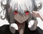  1girl absurdres forked_tongue glowing glowing_eyes hair_ornament highres looking_at_viewer original pikuson red_eyes simple_background snake snake_hair tongue tongue_out upper_body white_hair x_hair_ornament 