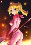  1girl ass blonde_hair blue_eyes bodysuit breasts chinchongcha earrings from_behind highres holding holding_polearm holding_weapon jewelry looking_at_viewer looking_back mario_(series) medium_breasts pink_bodysuit polearm ponytail princess_peach smile solo the_super_mario_bros._movie watermark weapon 