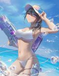  1girl absurdres adjusting_clothes adjusting_headwear arm_up armpits bag bangs baseball_cap bikini blurry blurry_background blush breasts brown_hair cleavage closed_mouth cowboy_shot day dekalco depth_of_field earrings groin hair_between_eyes hair_over_shoulder hat highres holding holding_water_gun horizon jewelry large_breasts lens_flare long_hair looking_at_viewer navel original outdoors pink_eyes ponytail purple_eyes solo string_bikini swimsuit water water_drop water_gun water_tank white_bikini yellow_nails 