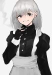  1girl absurdres brown_eyes cigarette ear_piercing fingerless_gloves gloves grin highres maid mole mole_under_eye original piercing pikuson simple_background smile solo 