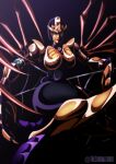  1girl alien arthropod_limbs beast_wars black_background blackarachnia breasts green_eyes highres humanoid_robot large_breasts orange_lips robot shiny shiny_skin silk simple_background solo spider_web thechromatroid thick_thighs thighs transformers 