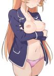  1girl arms_under_breasts blonde_hair blue_jacket breast_hold breasts breasts_out cleavage crossed_arms head_out_of_frame highres jacket large_breasts long_hair morisobo nakiri_erina navel nipples no_bra open_clothes open_jacket panties pink_panties school_uniform shokugeki_no_souma simple_background tootsuki_saryou_ryouri_gakuen_uniform underwear very_long_hair white_background 