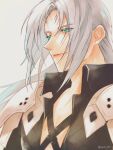  1boy 3wa_tari aqua_eyes armor bangs bishounen black_jacket chest_strap closed_mouth final_fantasy final_fantasy_vii grey_background grey_hair jacket light_smile long_bangs long_hair looking_to_the_side male_focus parted_bangs portrait sephiroth shoulder_armor solo twitter_username upper_body 